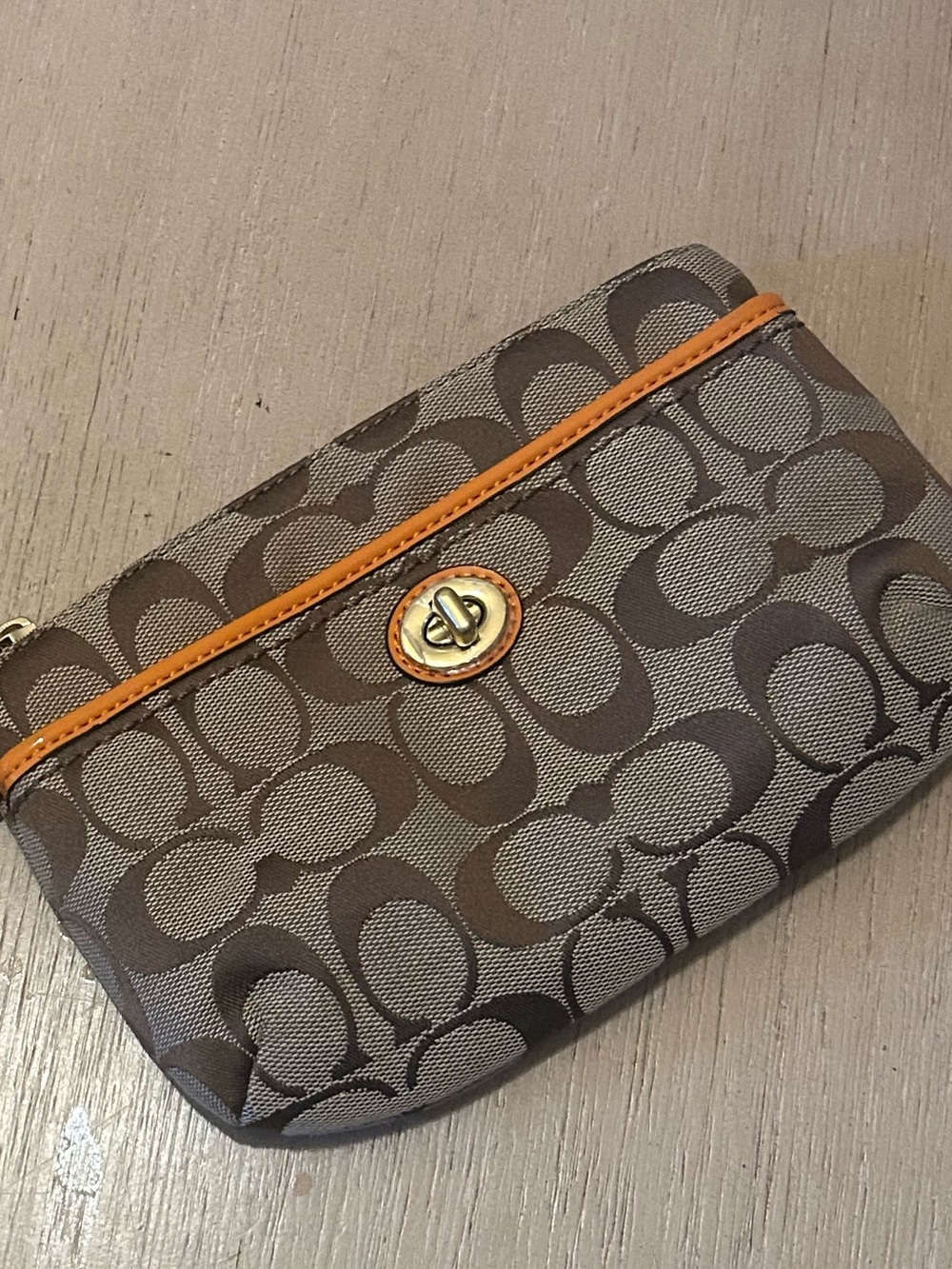 Coach Brown Signature Canvas Wristlet with Orange Trim